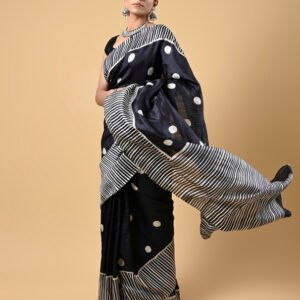 Black Polka Dot and Stripe Print Saree-Rs37999